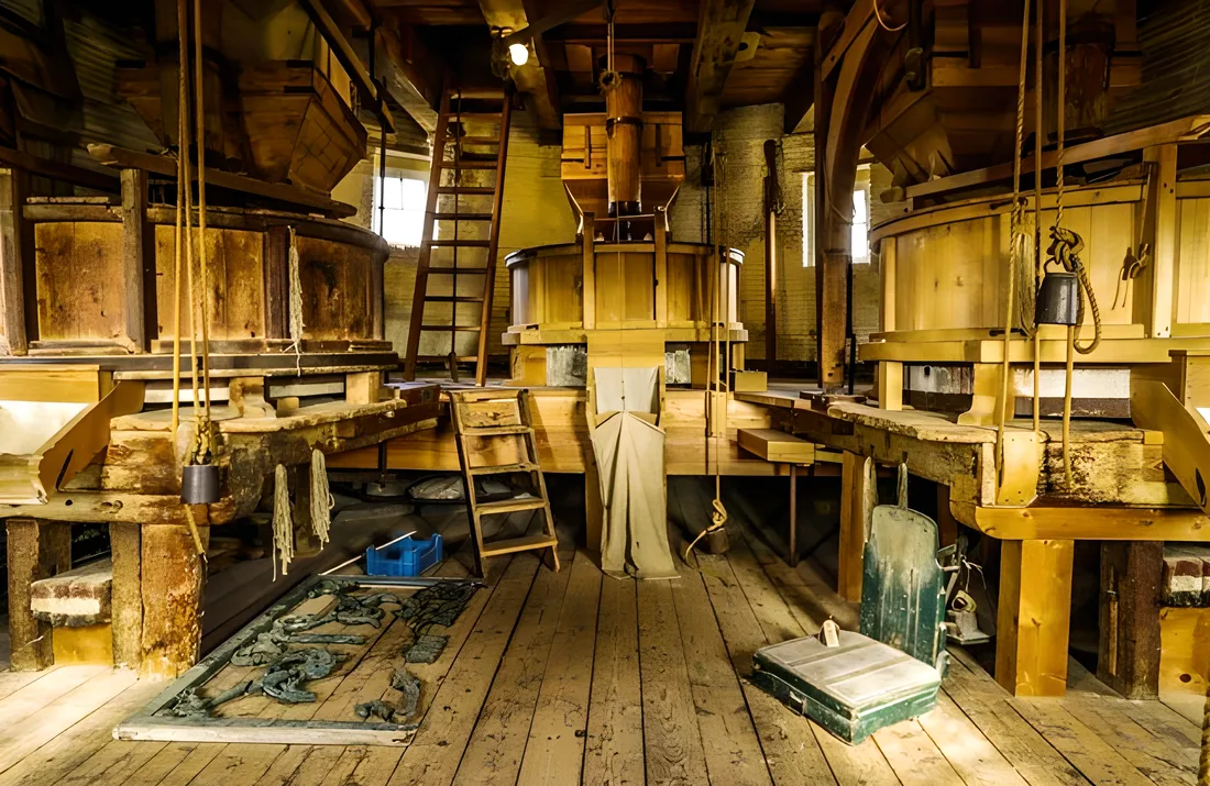 Het maalwerk van molen De Noord: houten kuipen, ladders en touwen op de maalzolder