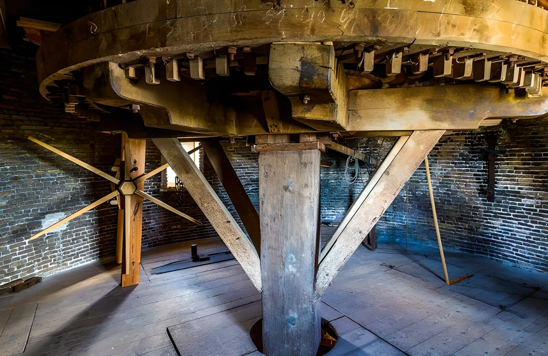 Het grote houten wielwerk van de molen, rustend op zware staanders